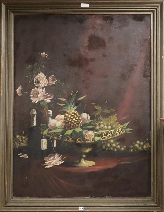 M. Berthelon, oil on canvas, still life of Fruit and champagne bottles on a table top, signed, dated 1909, 122 x 91cm